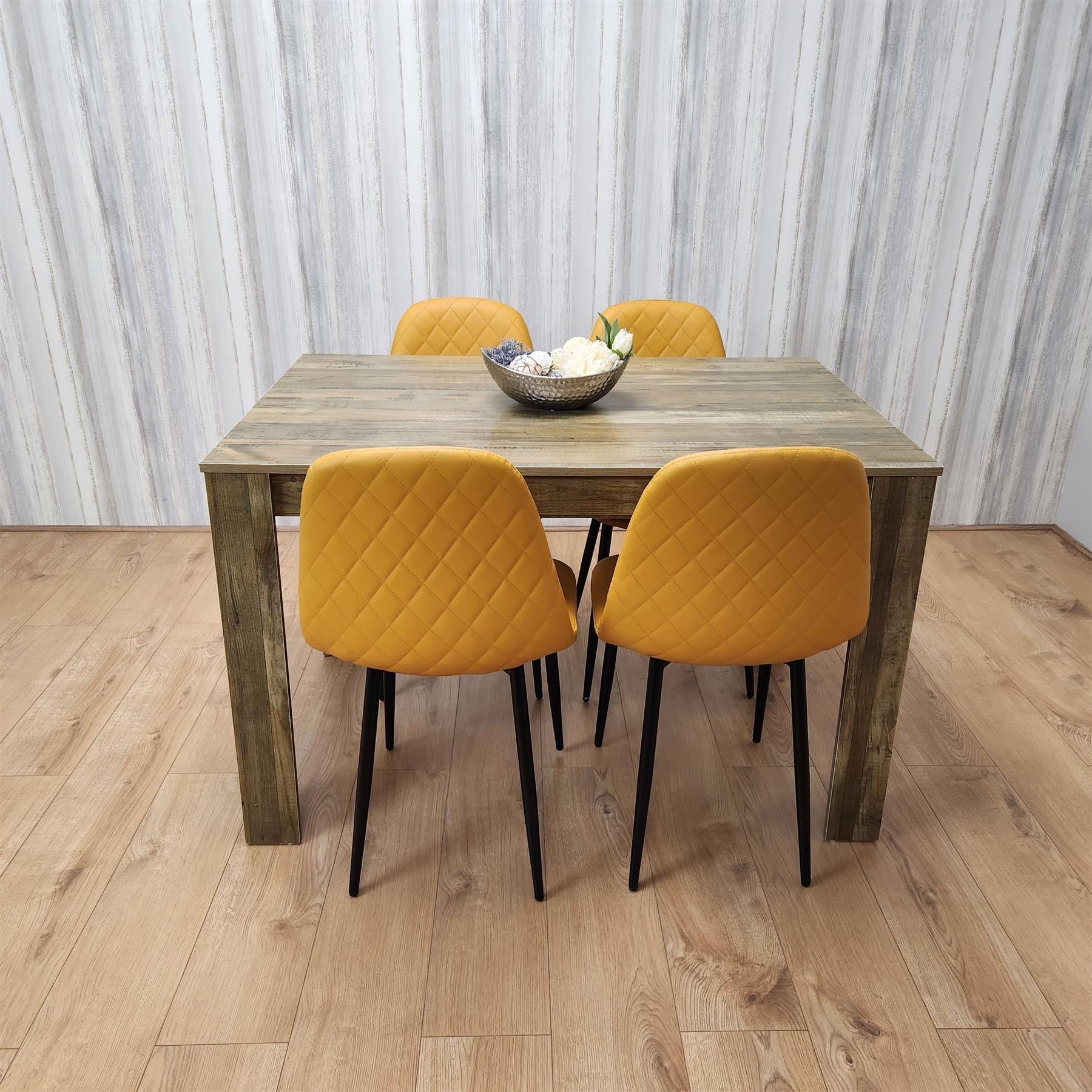 Dining Table and 4 Chairs Rustic Effect Table with 4 Mustard Gem Patterned Chairs