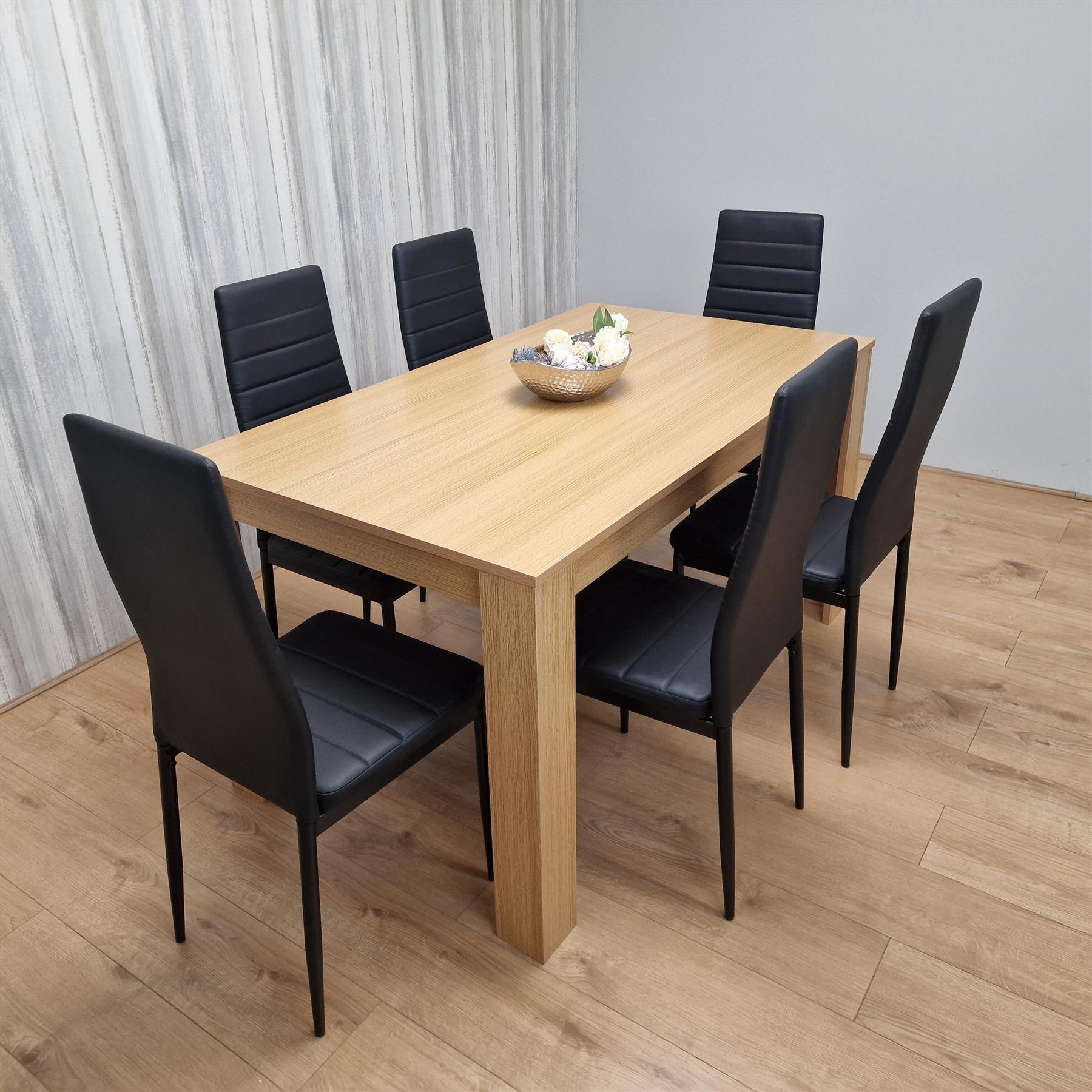 Dining Set of 6 Dining Table and 6 Black Faux leather Chairs Dinig Room Furniture