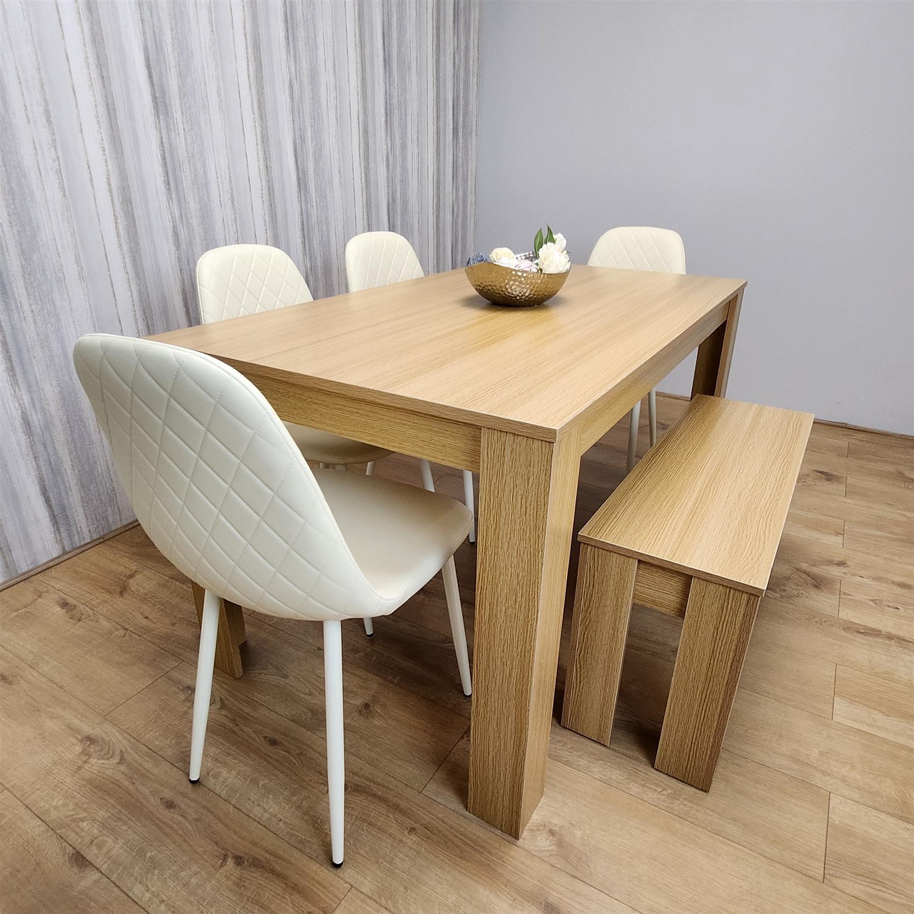 Wooden Dining Table Set for 6 Oak Effect Table With 4 Cream Gem Patterned  Chairs and 1 Bench