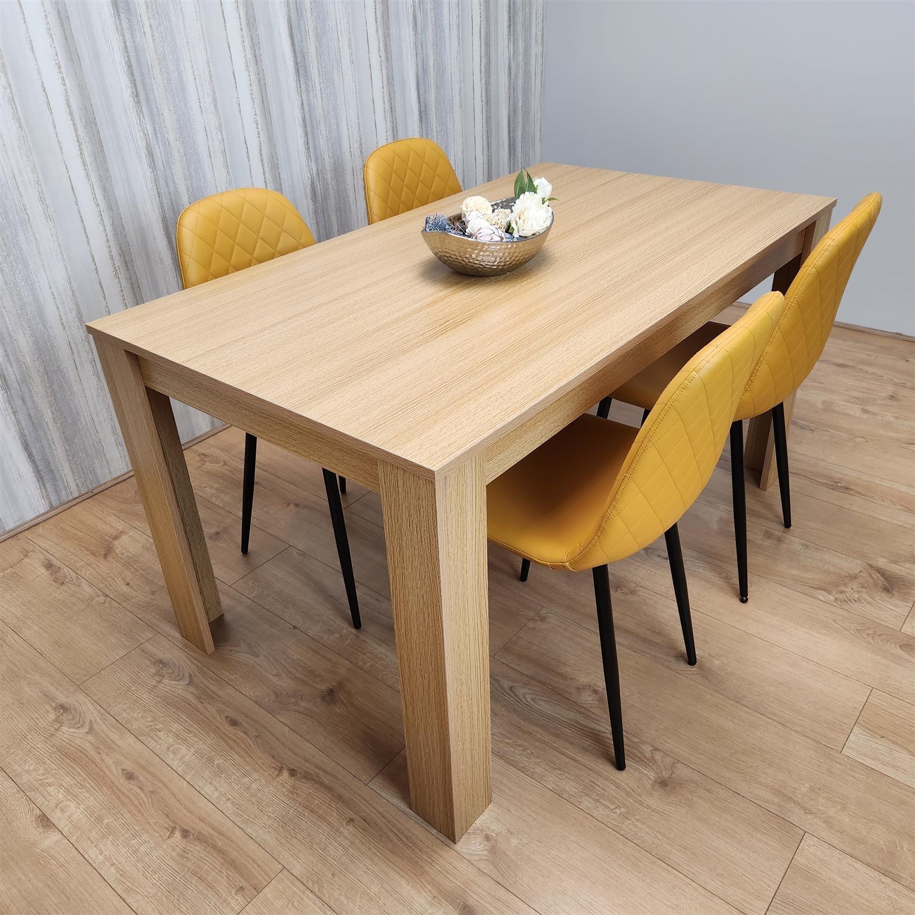 Dining Table and 4 Chairs Oak Effect Table with 4 Mustard Gem Patterned Chairs