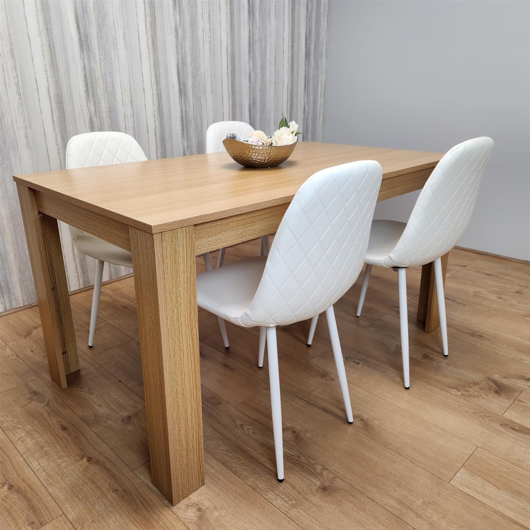 Wooden Dining Table with 4 white Gem Patterned Chairs Oak Effect Table with white Chairs