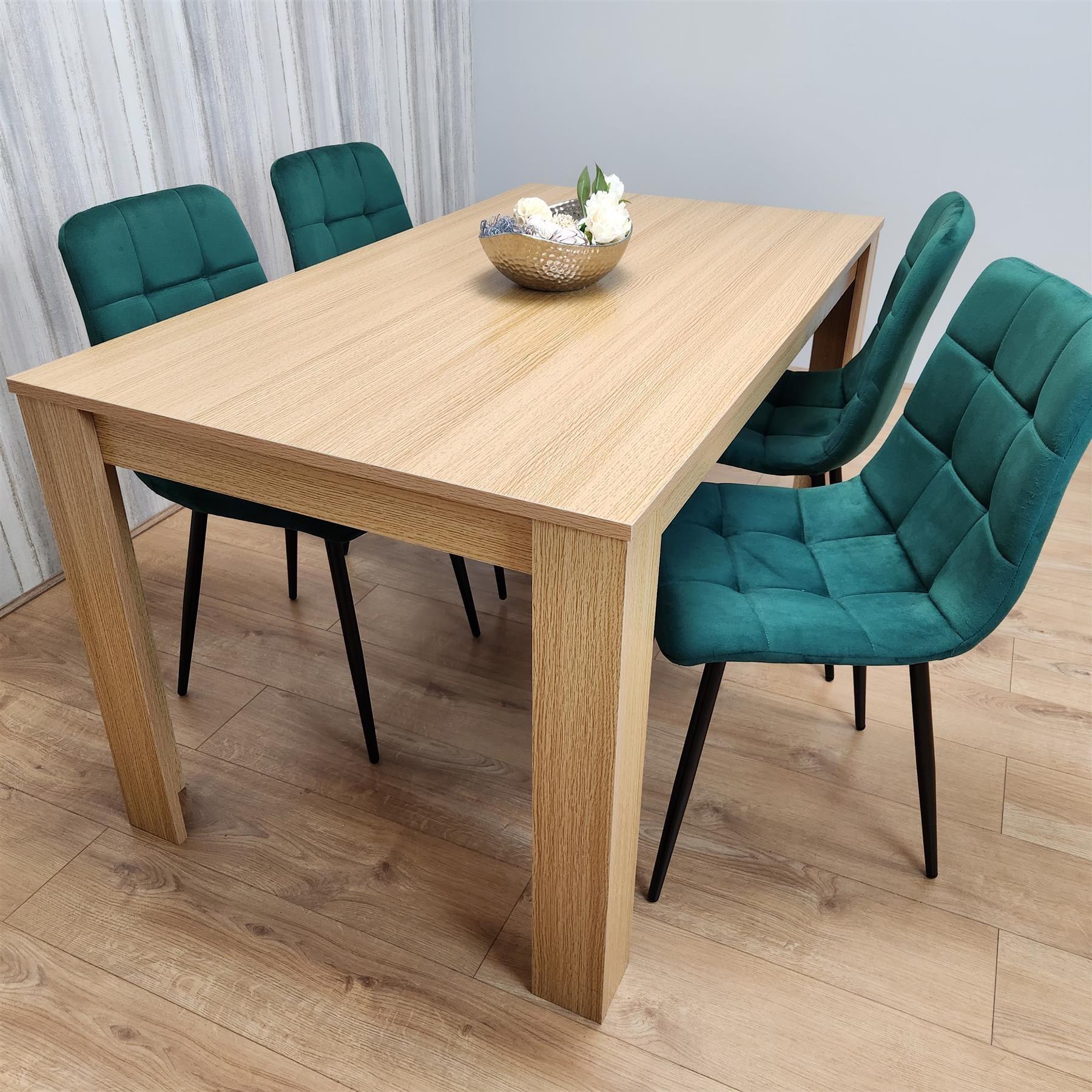 Dining Set of 4 Oak Effect Dining Table and 4 Green Velvet Chairs Dining Room Furniture