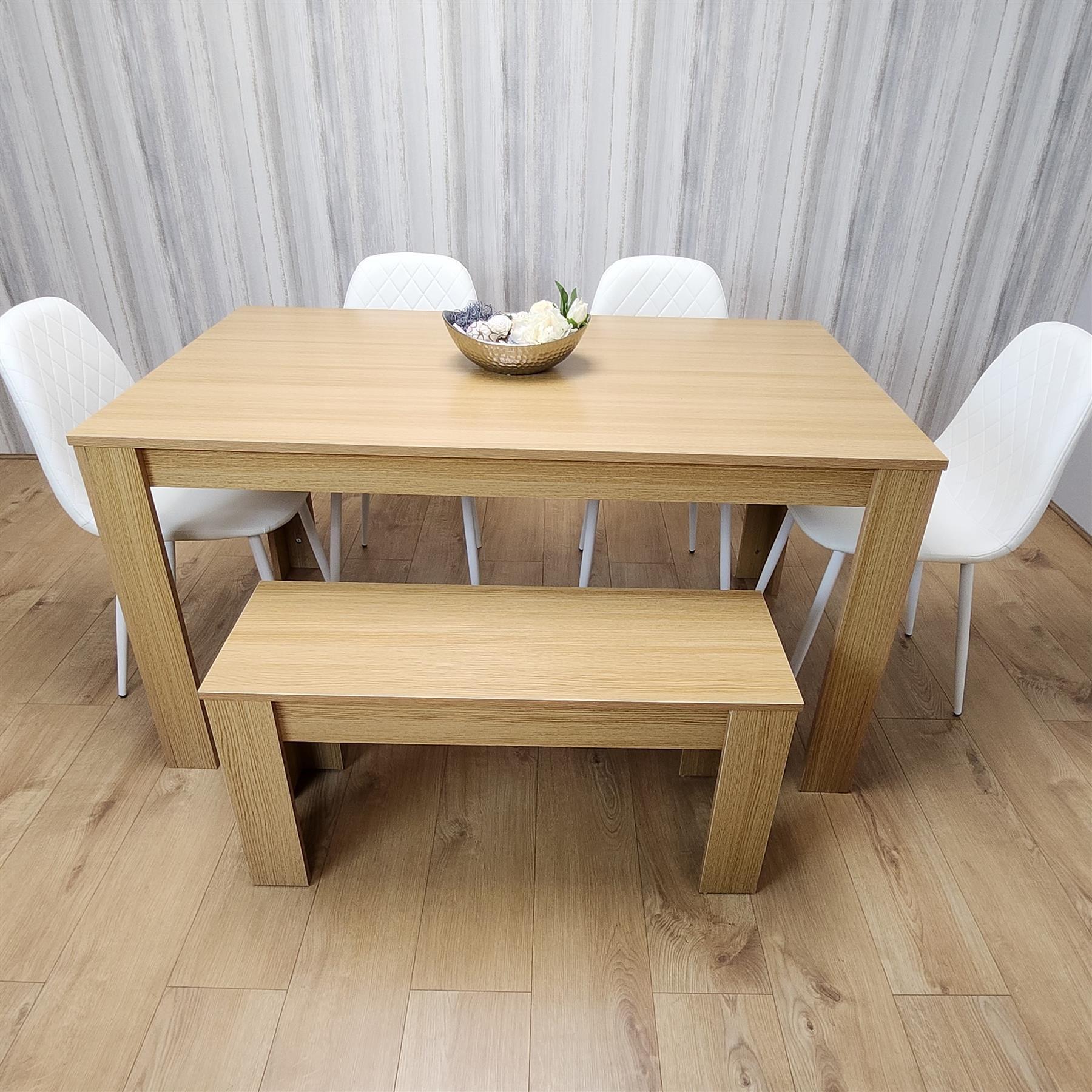 Wooden Dining Table Set for 6 Oak Effect Table With 4 White Gem Patterned  Chairs and 1 Bench