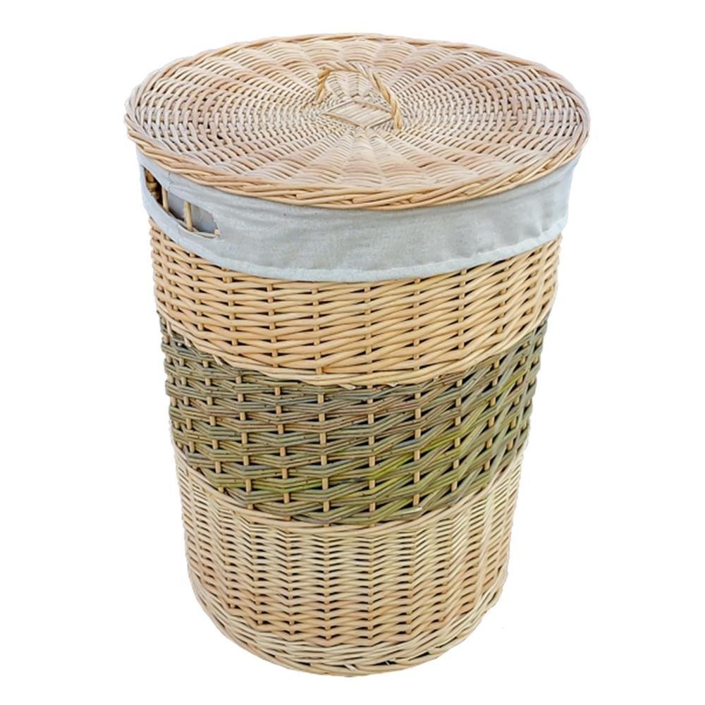Wicker Two Toned Round Laundry Basket with Lid