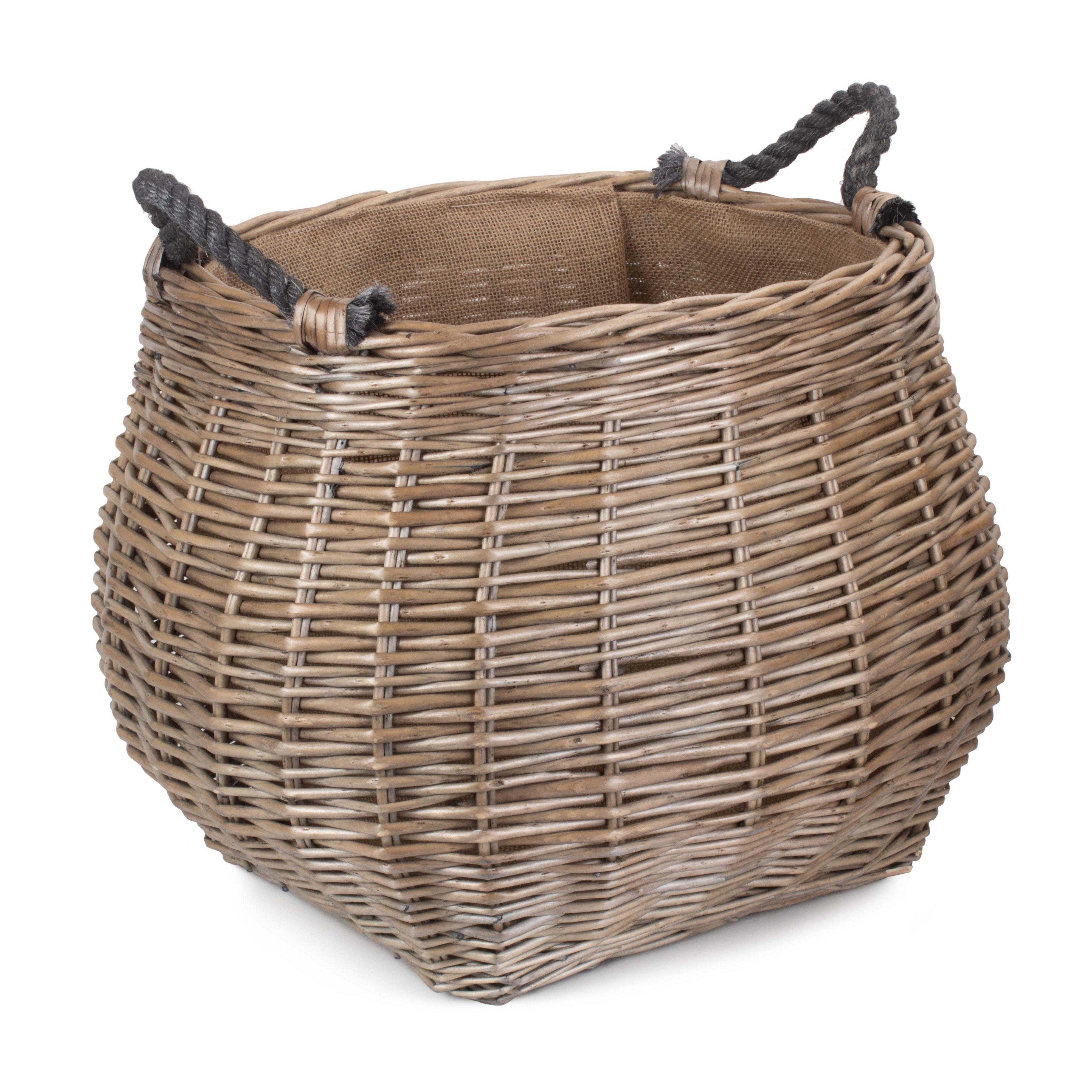 Wicker Curve Sided Antique Wash Hessian Lined Log Basket