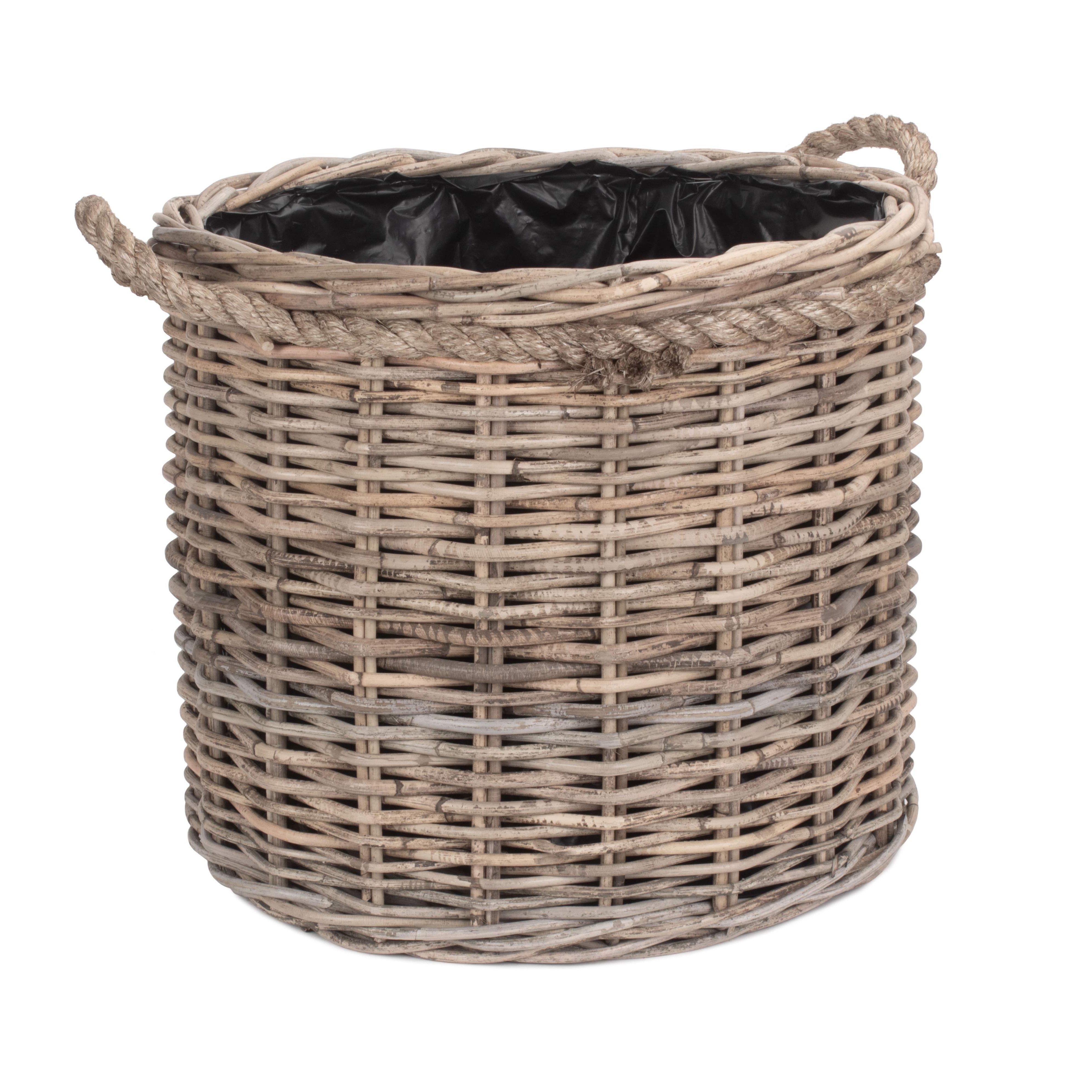 Rattan Rope Handled Rattan Round Planter with Plastic Lining