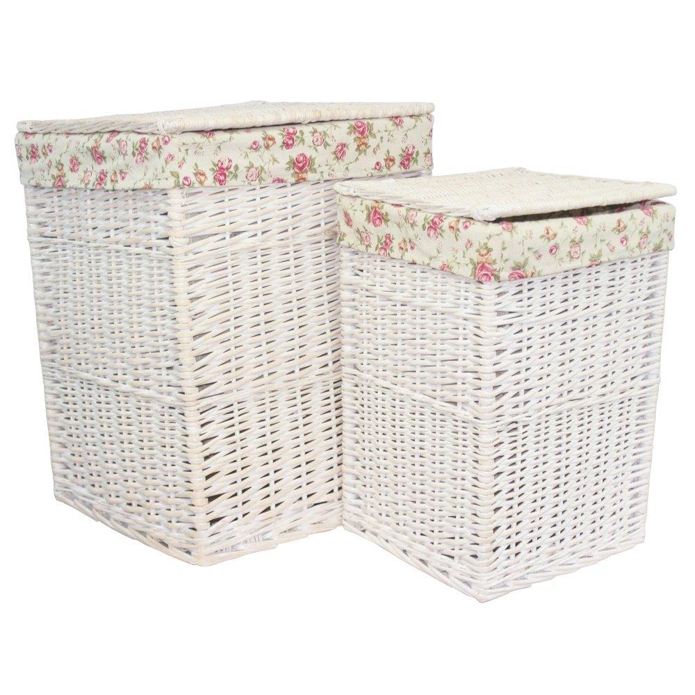 Set of 2 Cotton Lined Square White Wash Wicker Laundry Basket
