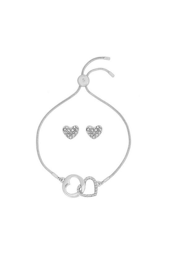 Caramel Jewellery London Silver Entwined Sparkly Heart Charm Bracelet & Earring Set 1