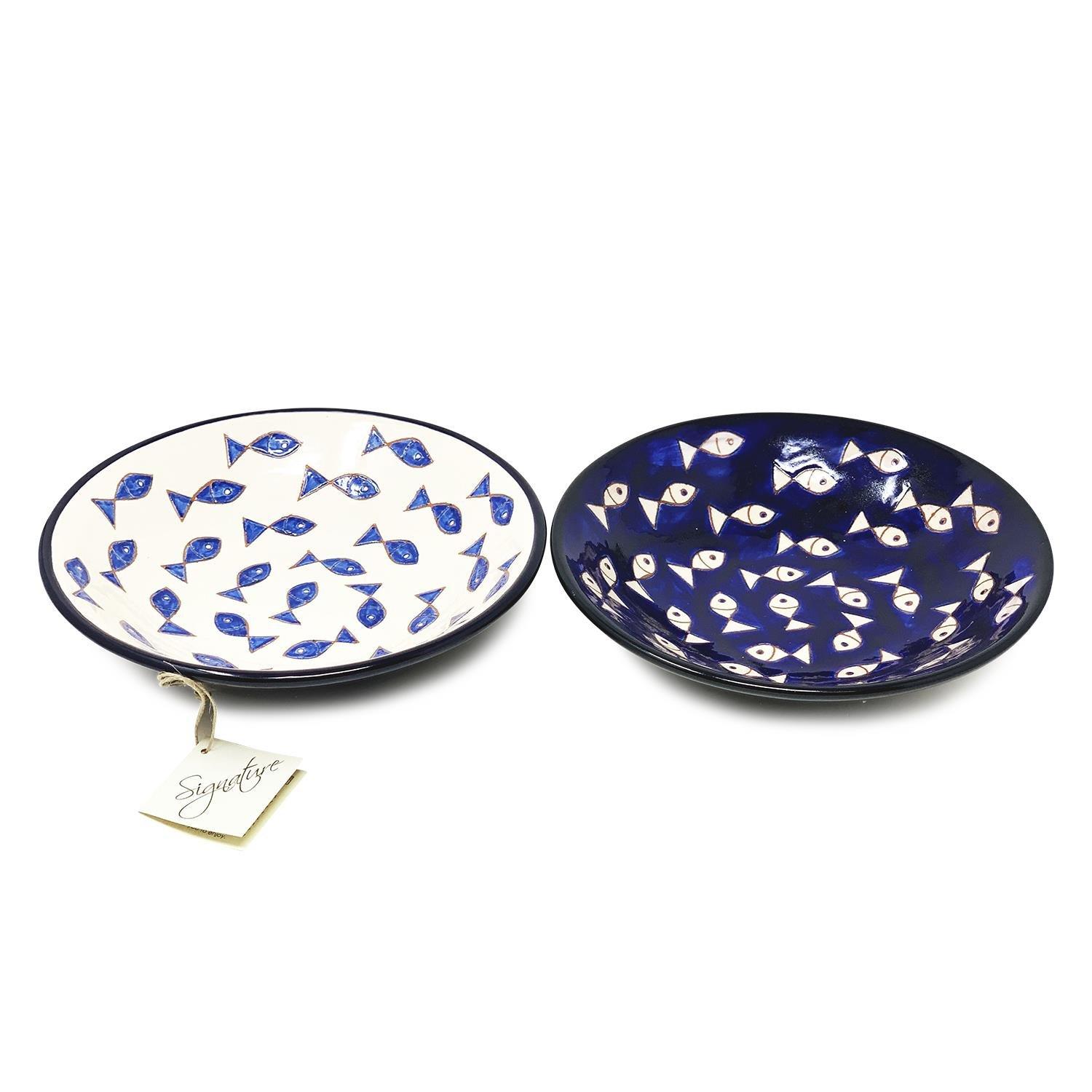 Signature Blue & White Fish Hand Painted Ceramic Set of 2 Mixed Pasta Bowls (Diam) 23cm