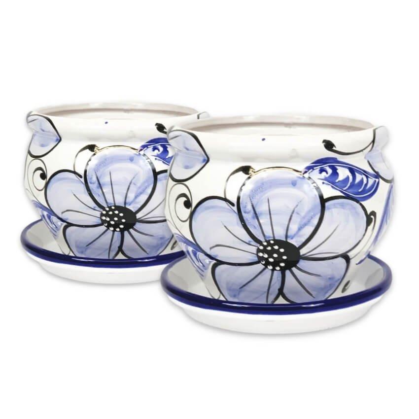 Blue Flowers Hand Painted Set of 2 Outdoor Bola Pots & Drainage Plates (D) 25cm