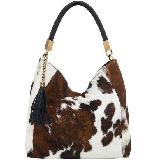 Sostter Brrdl Spotted Cow Calf Hair Leather Tassel Grab Bag 1
