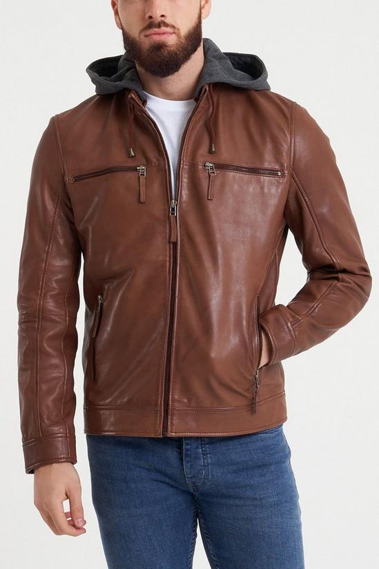 Barneys Originals Hooded Tan Leather Racer Jacket 1