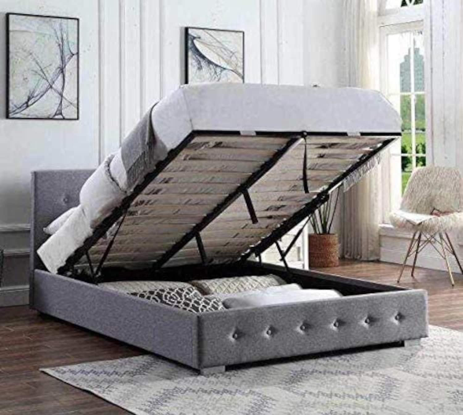 Ottoman Storage Bed Grey Upholstered in Durable Hopsack Grey Linen Fabric