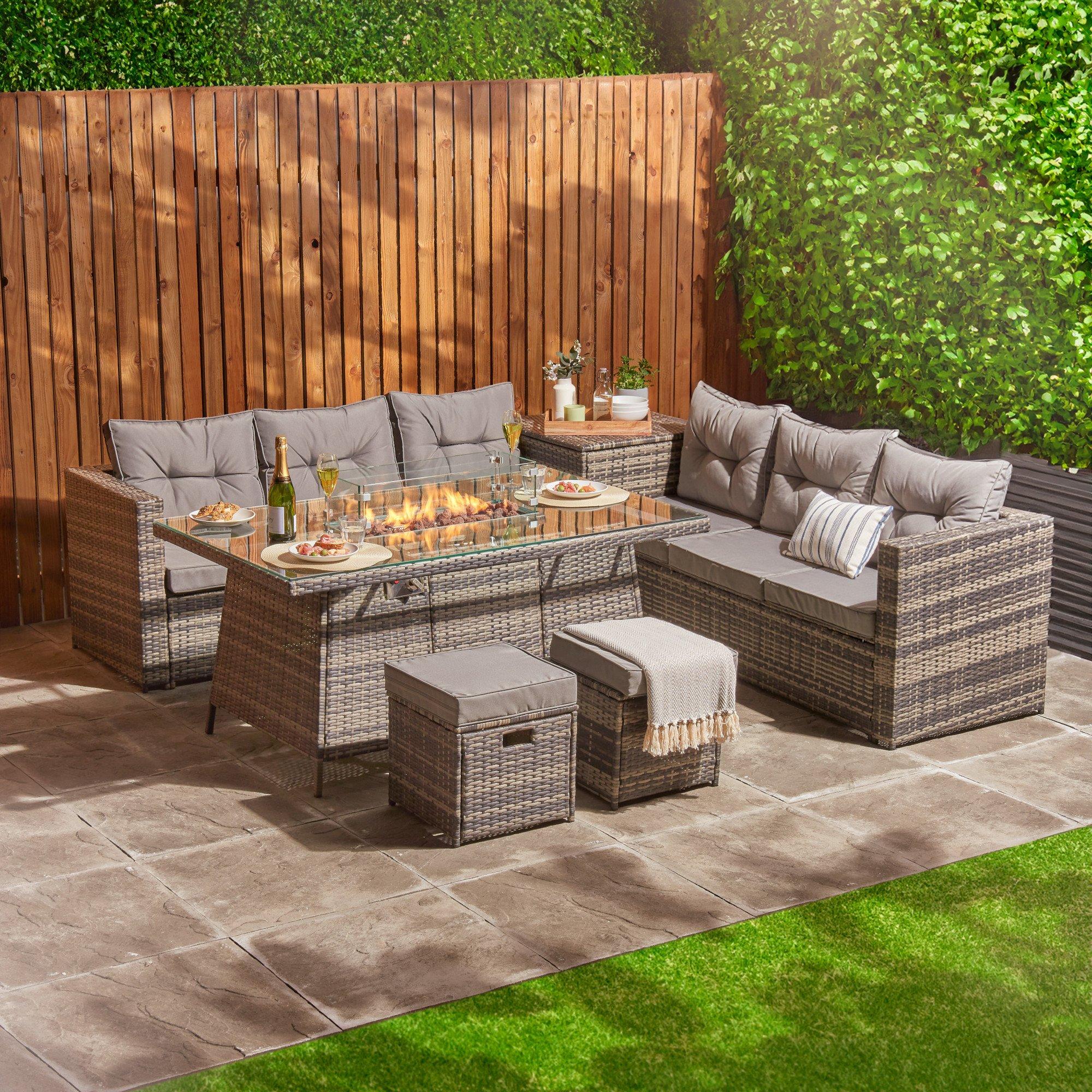 Rattan Garden Furniture With Fire Pit Table Corner Sofa Stools Patio Set