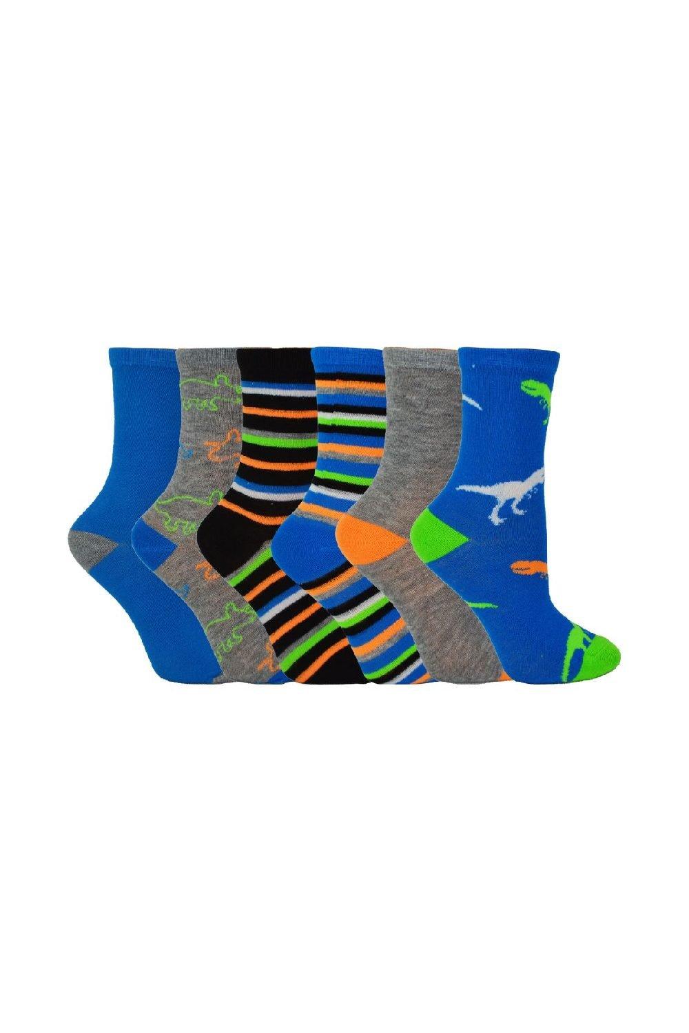 6 Pairs Novelty Dinosaurs & Funky Faces Design Colourful Socks