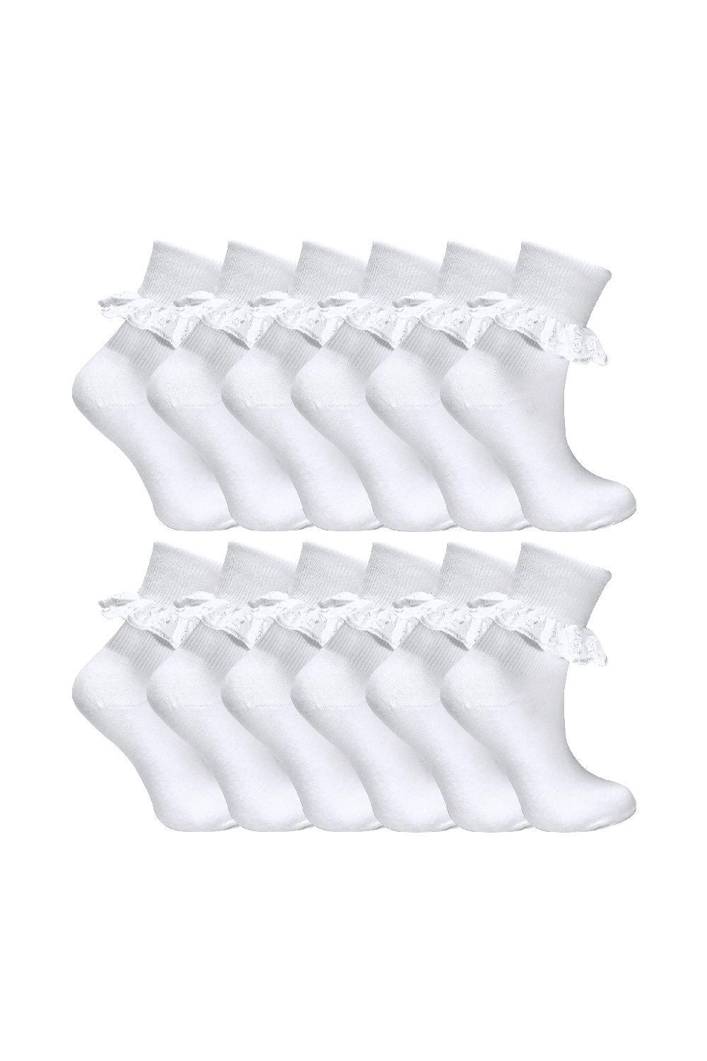 12 Pair White Frilly Lace Cute Cotton Rich School Socks