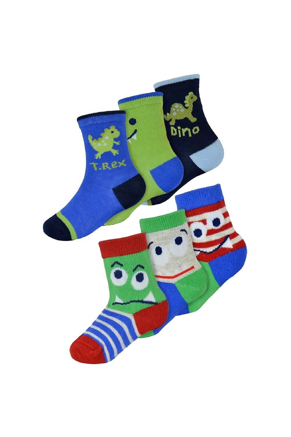 6 Pairs Baby Monsters Dinosaur Pattern Funky Cotton Rich Socks