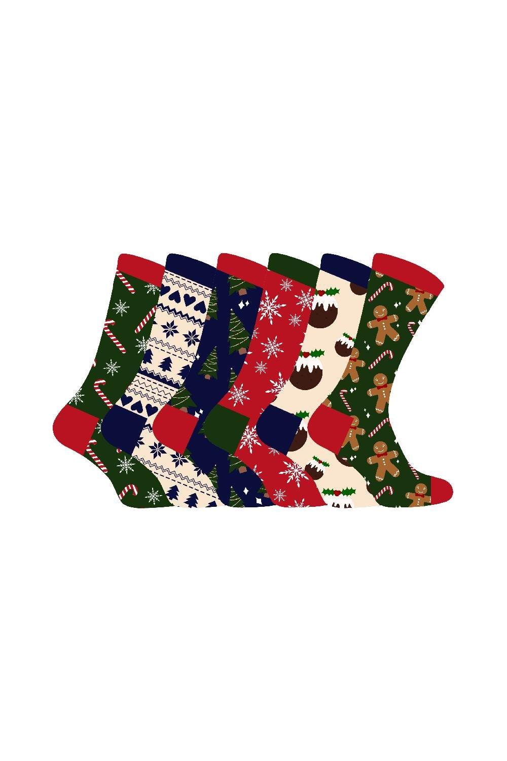 6 Pairs Christmas Patterned Novelty Colourful Crew Socks