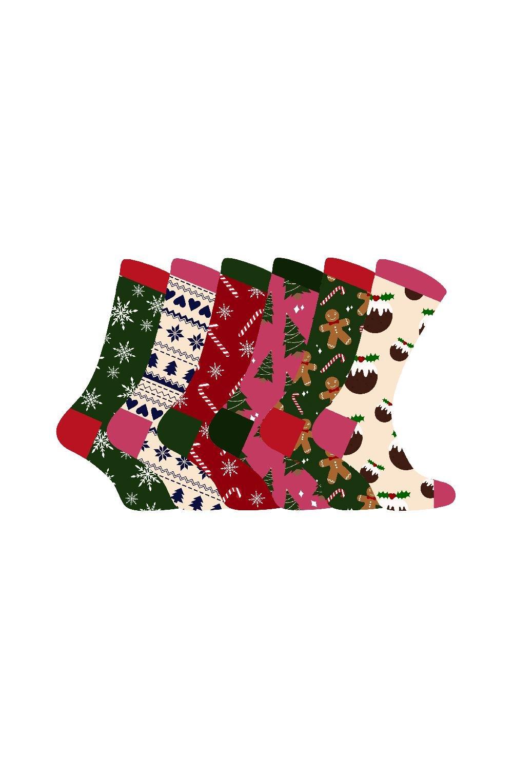 6 Pairs Christmas Patterned Colourful Novelty Crew Socks