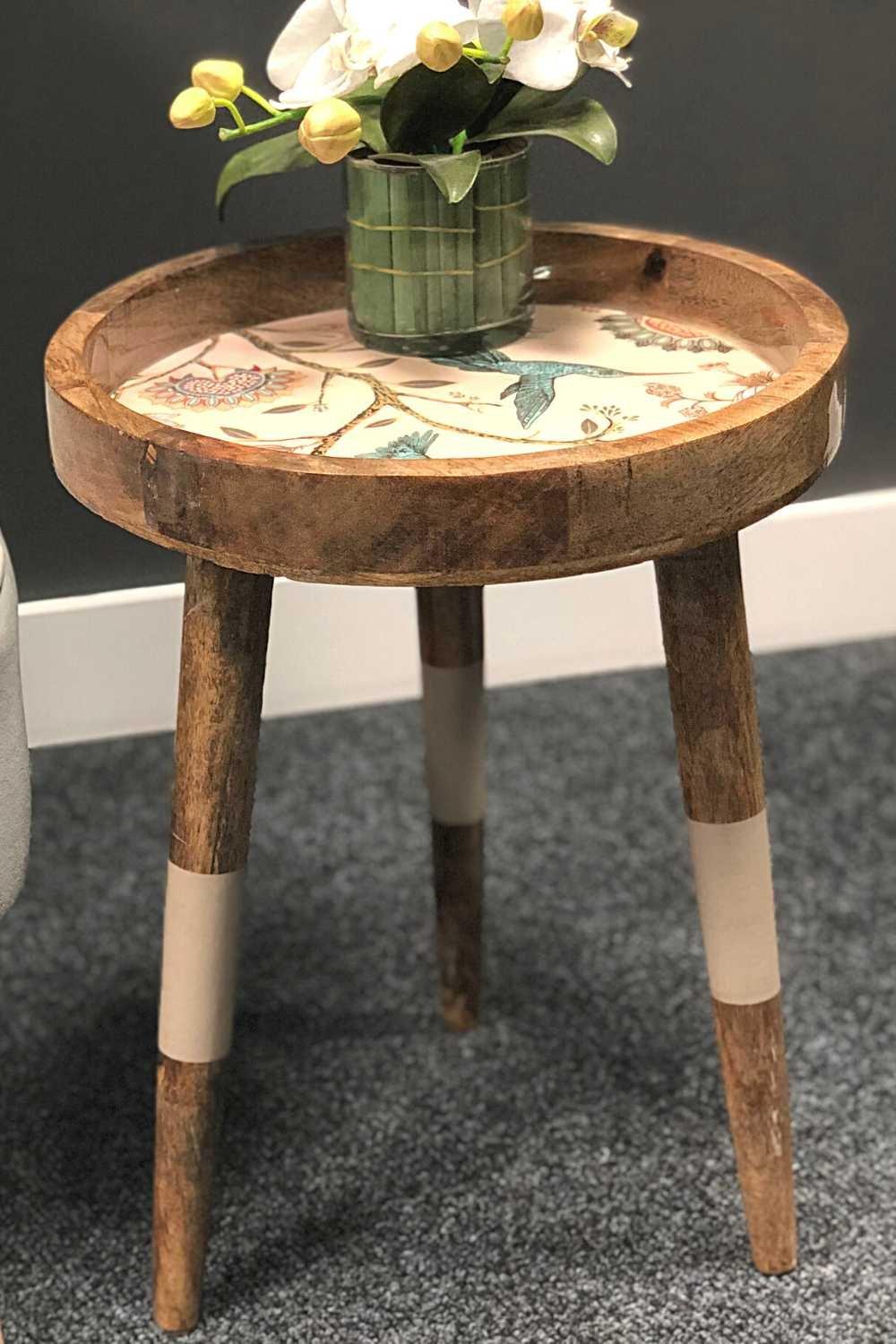 Handmade Side Table Solid Mango Wood Removable Legs Hummingbird