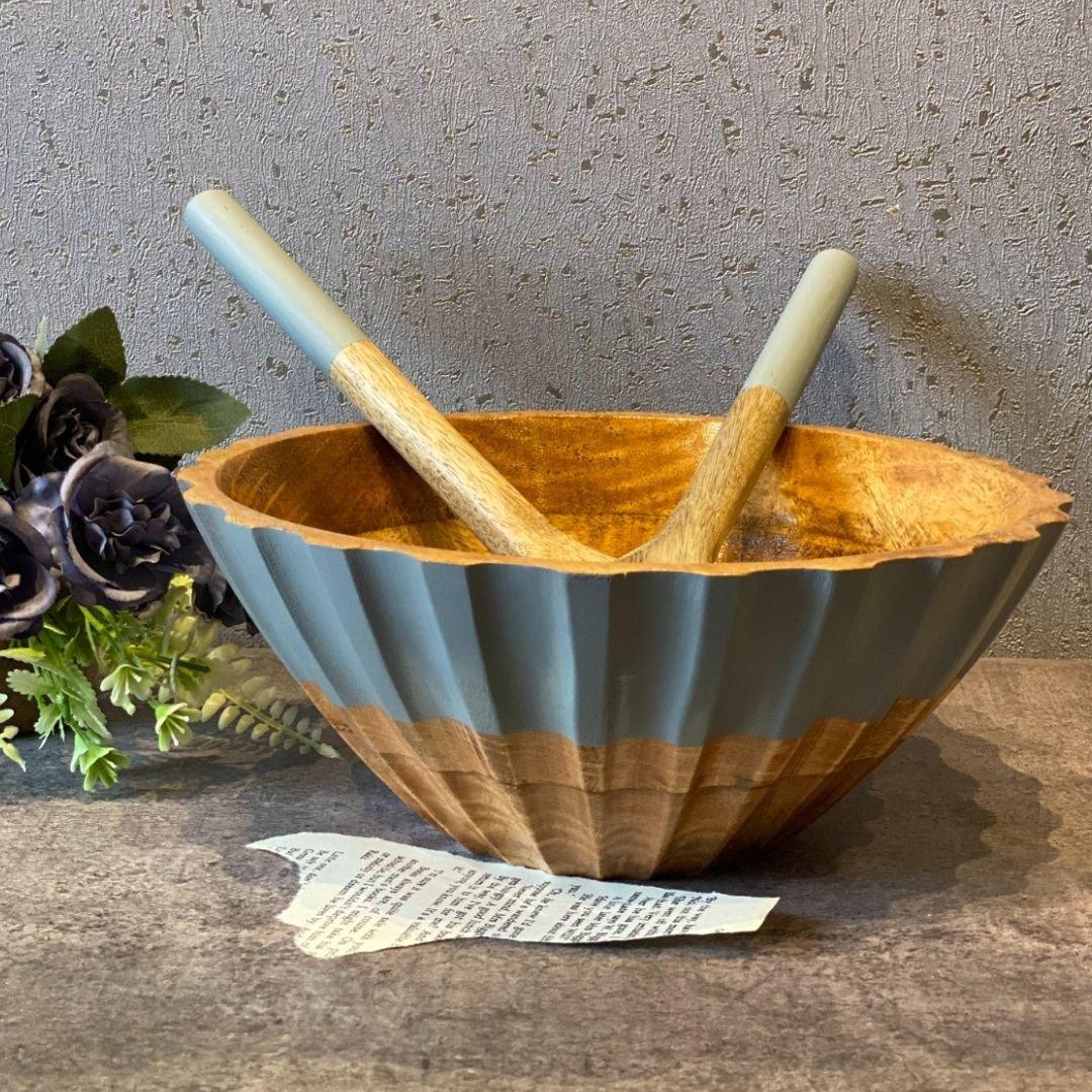 Nakkashi Hand Carved Serving Bowl Set With Spoons Deco Grey