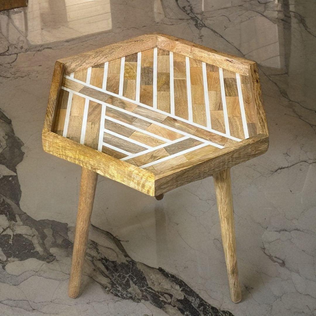 Handmade Hexagonal Side Table Stripe Inlay