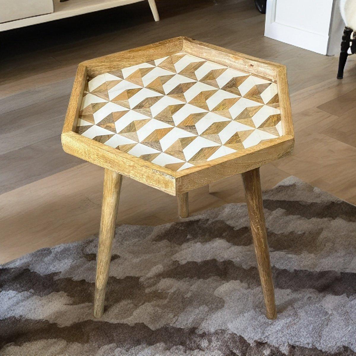 Handmade Hexagonal Side Table Cube Inlay