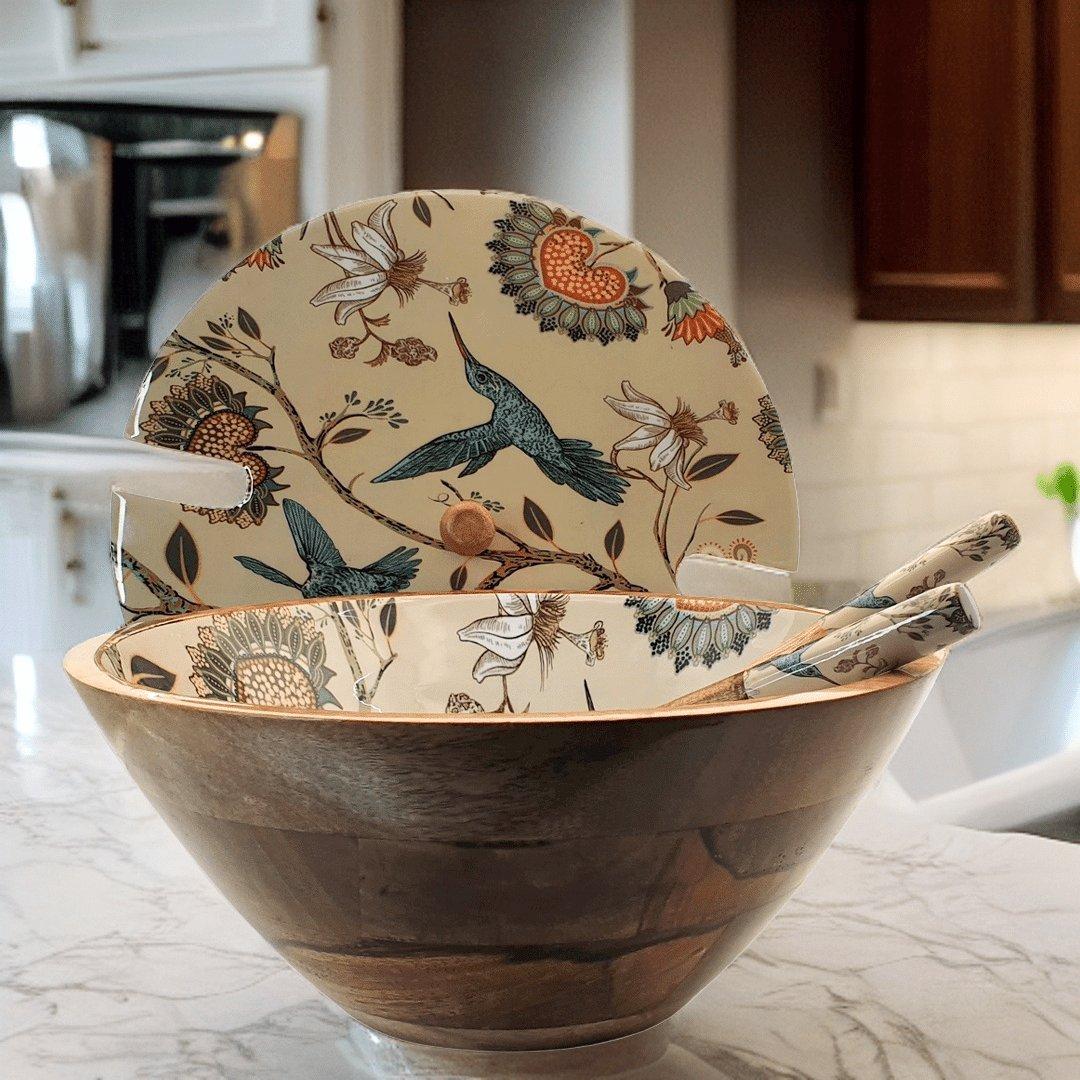 Hummingbird Large Serving Bowl With Lid & Spoons