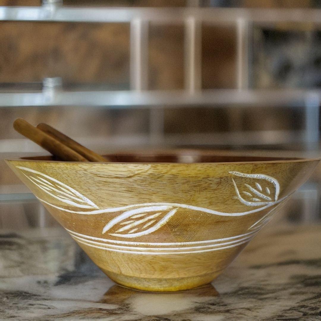 Leaf hand Carved Serving Bowl With Spoons