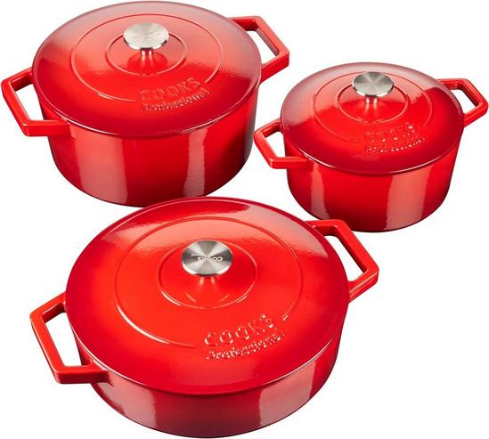 Cooks Professional Cast Iron Casserole Set of 3 20cm 26cm & 28cm Dishes Oven Proof Enamelled Pans with Lids 5