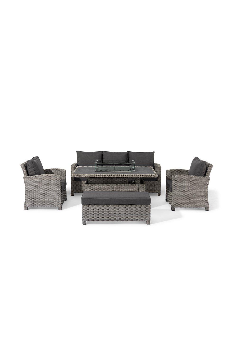 Santiago Rattan Sofa Dining Set with Rising Firepit Table in Grey