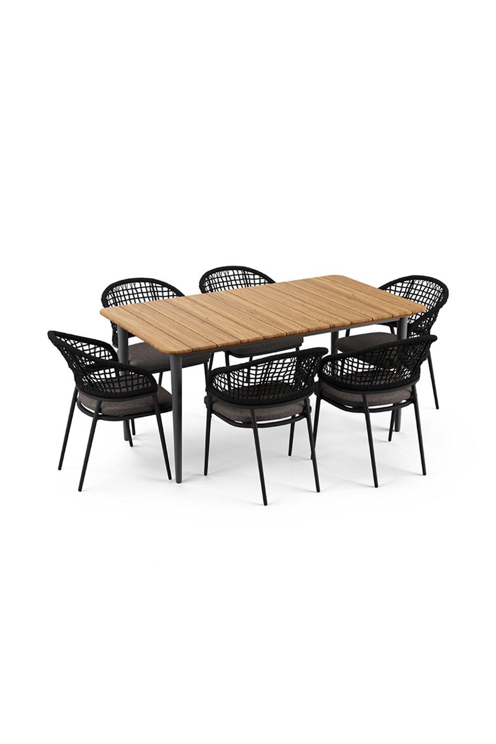 Kalama 6 Seat Rectangular Dining Set with Teak Table in Charcoal