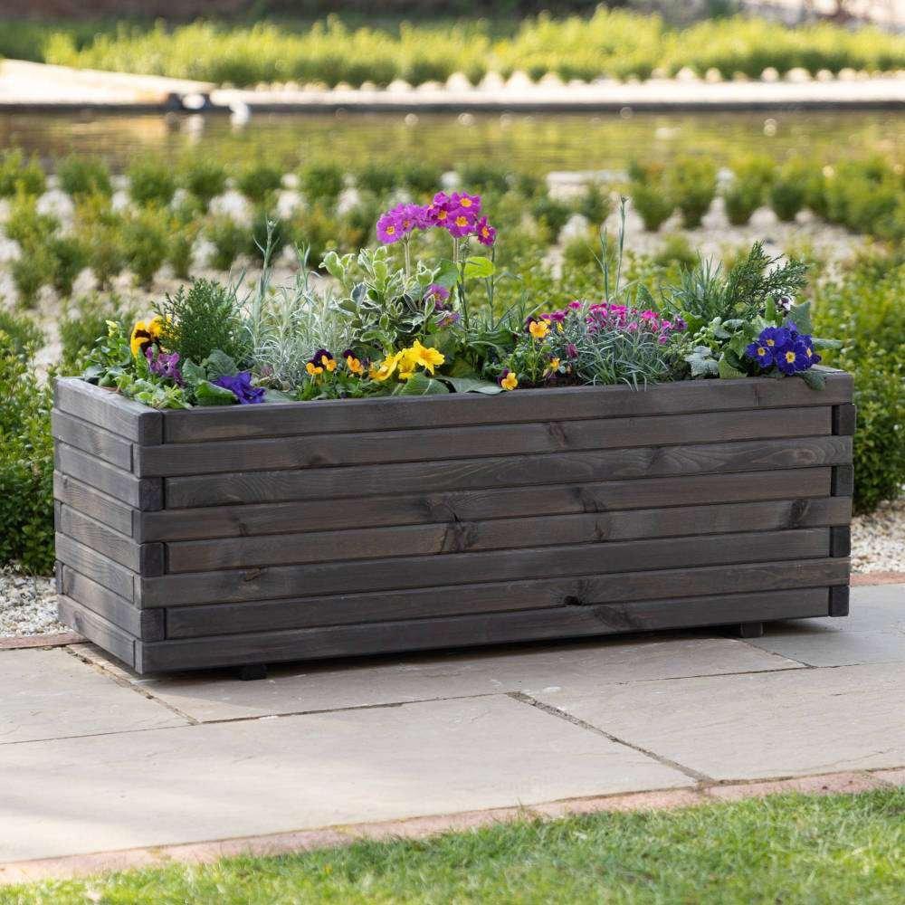 Rectangle Pine Wood Raised Trough Outdoor Patio Planter in Grey 180cm