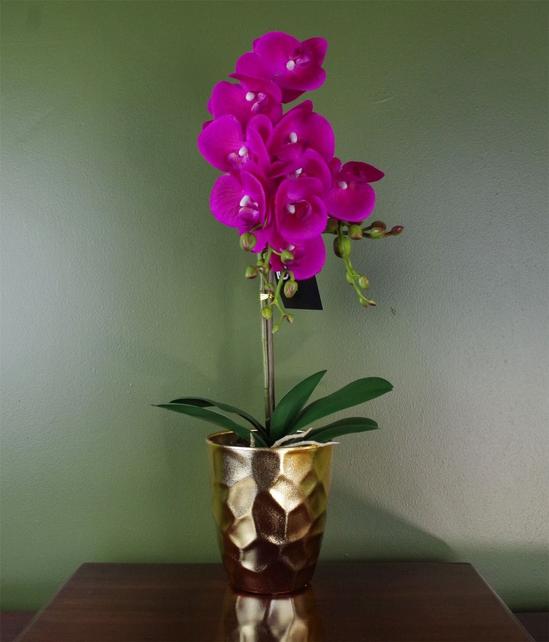 Leaf 54cm Artificial Orchid Plant - Dark Pink Gold Pot 1