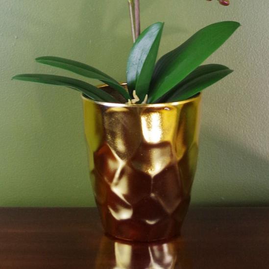 Leaf 54cm Artificial Orchid Plant - Dark Pink Gold Pot 3