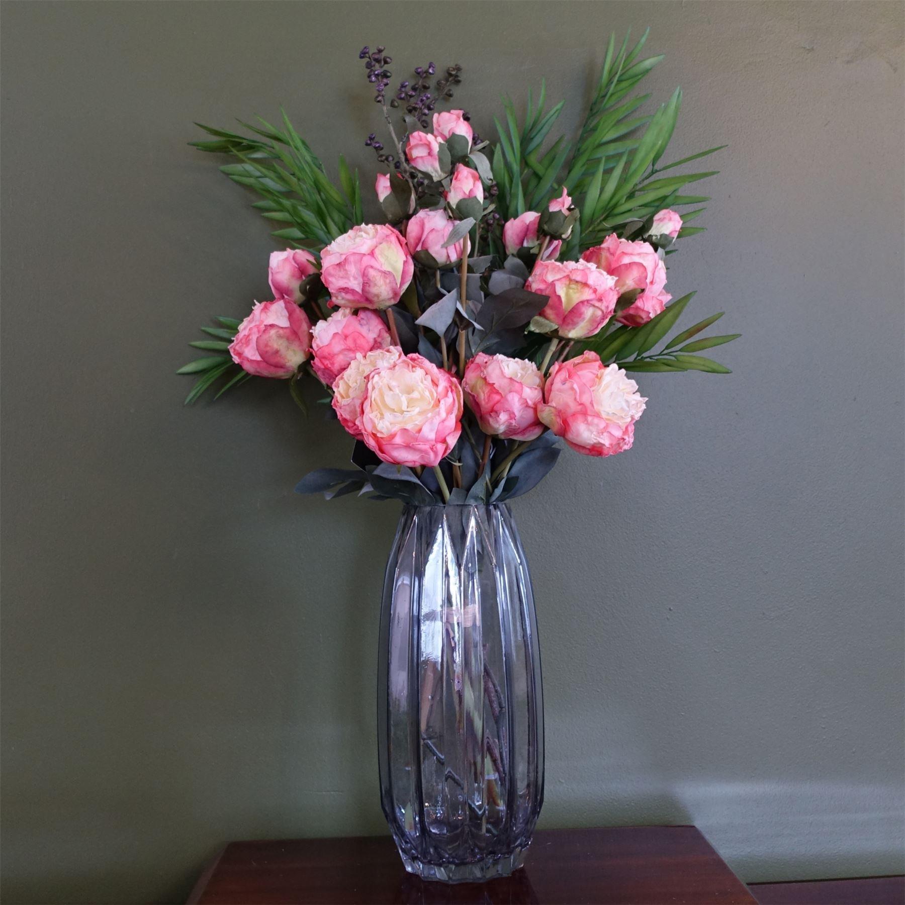 Leaf 85cm Geometric Glass Vase Pink Peony and Berry Artificial Flowers