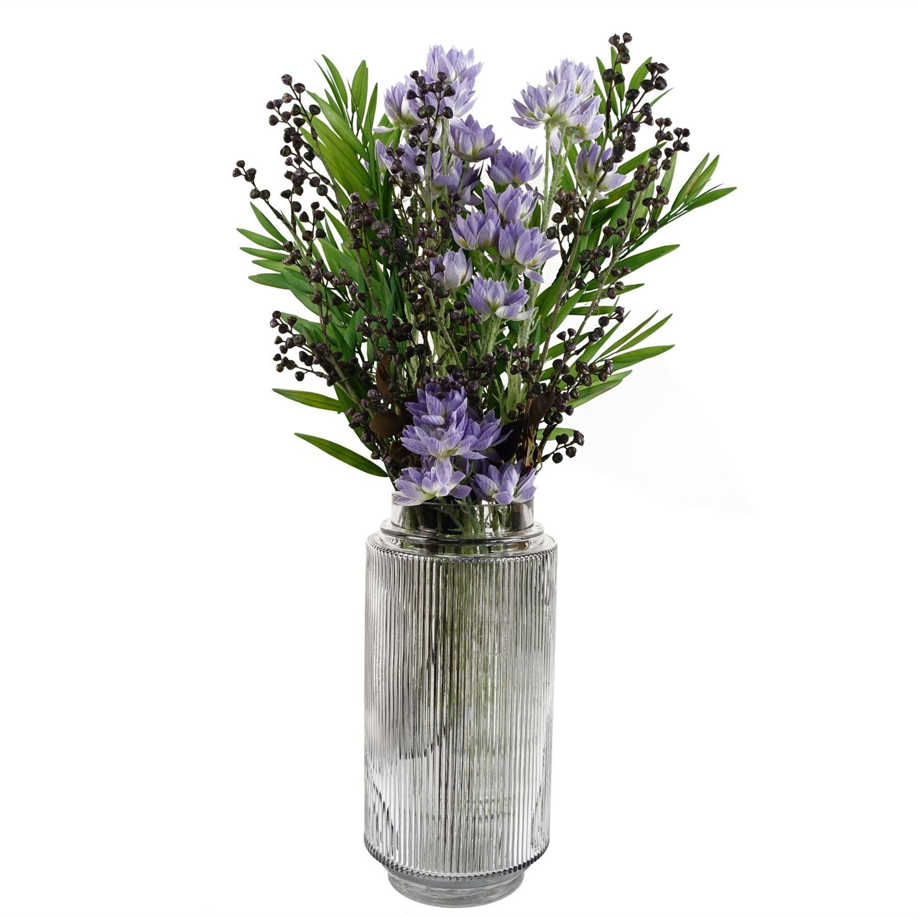 Leaf 60cm Artificial Purple Starflower Display Glass Vase