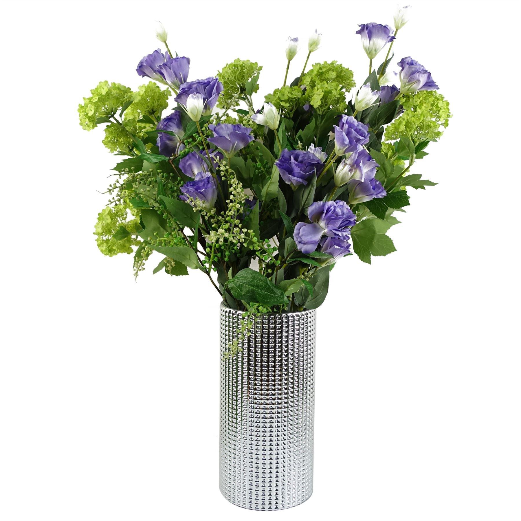 Leaf 60cm Purple Wild Rose Arrangement Silver Glass Vase