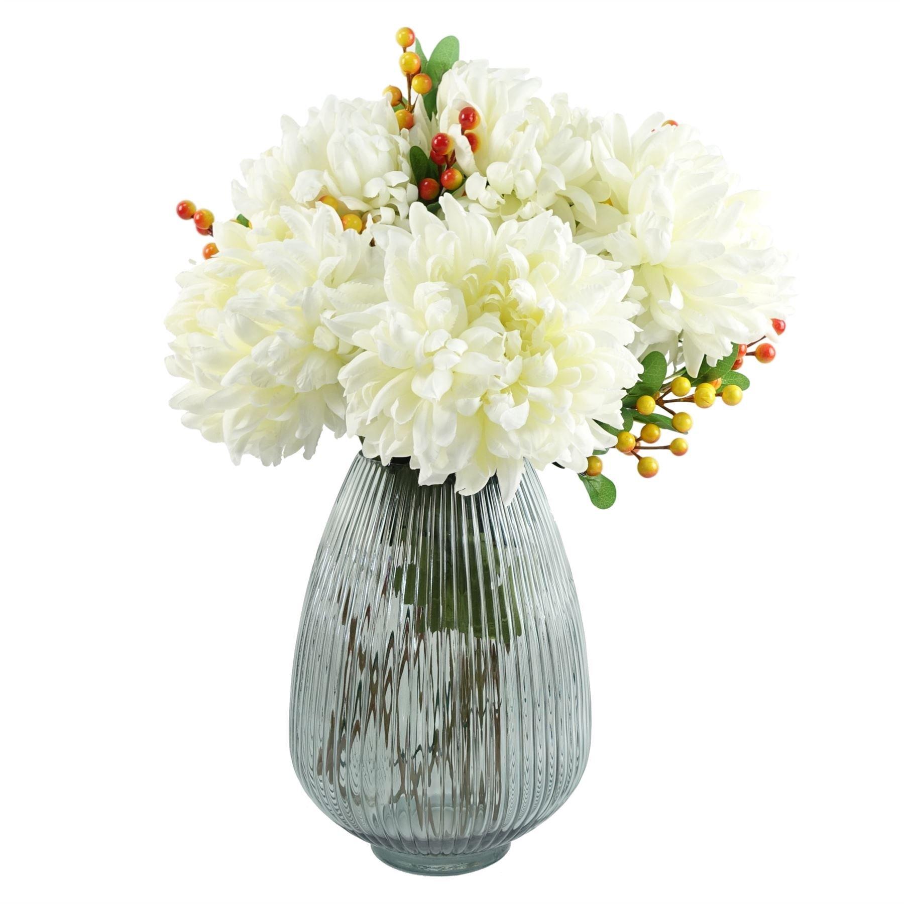 Leaf 50cm Grey Glass Vase Artificial Chrysanthemums