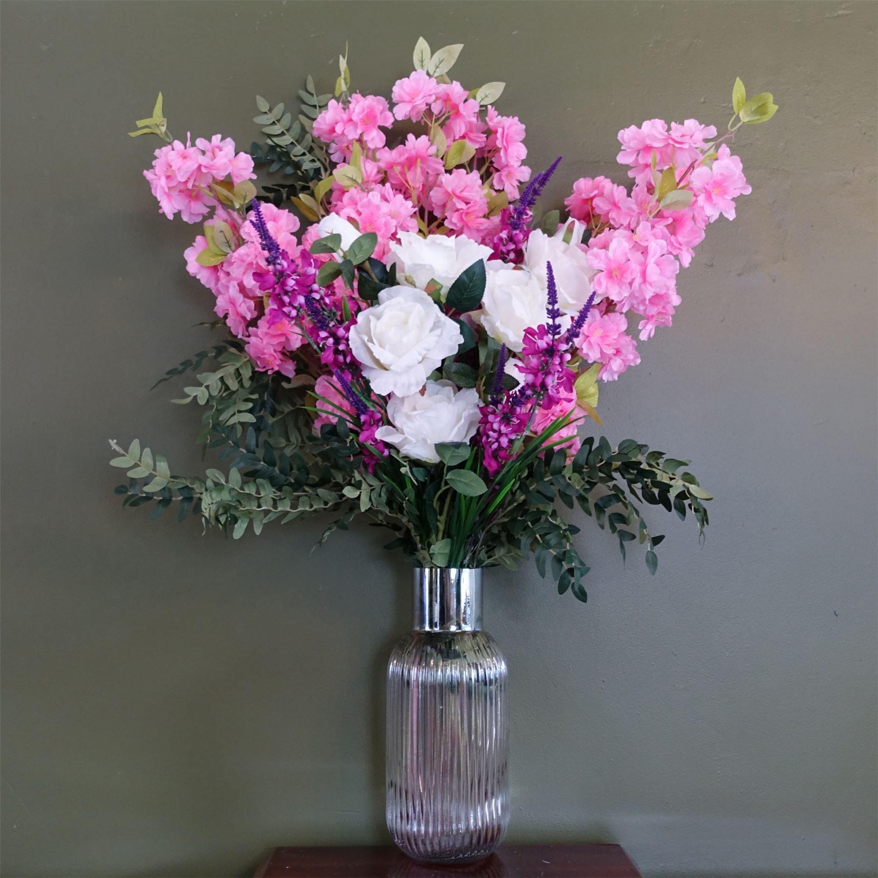 Leaf 100cm Pink Blossom White Rose Arrangement Glass Vase