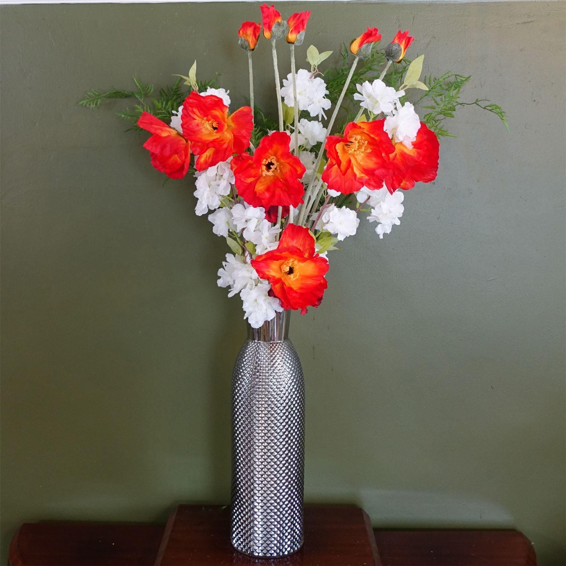 Leaf 100cm Poppy and White Blossom Arrangement Glass Vase