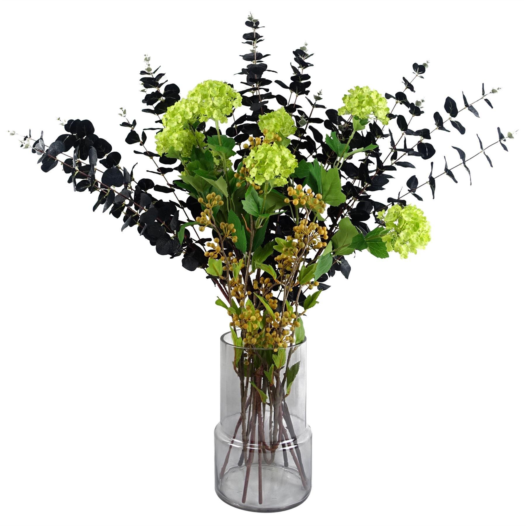 Leaf 80cm Black Eucalyptus and Viburnum Arrangement Glass Vase