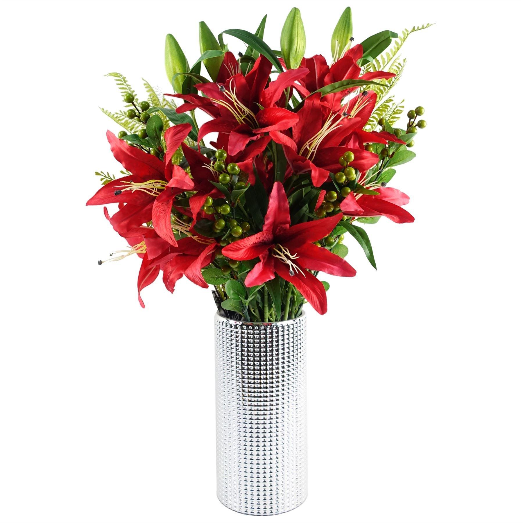 Leaf 70cm Red Lily Display Silver Glass Vase