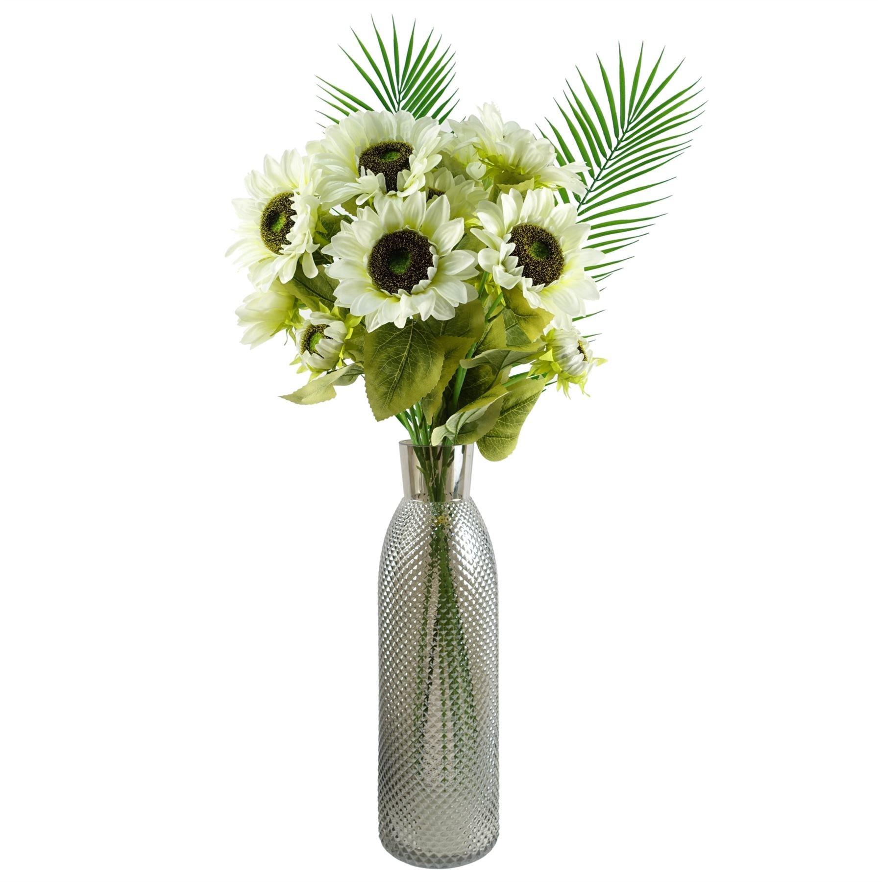Leaf 100cm White Artificial Sunflower Arrangement Glass Vase