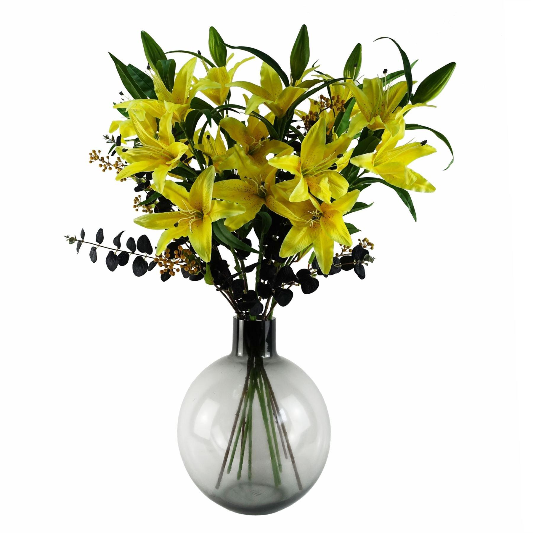 Leaf 100cm Yellow Lily Black Eucalptus Glass Ball Vase