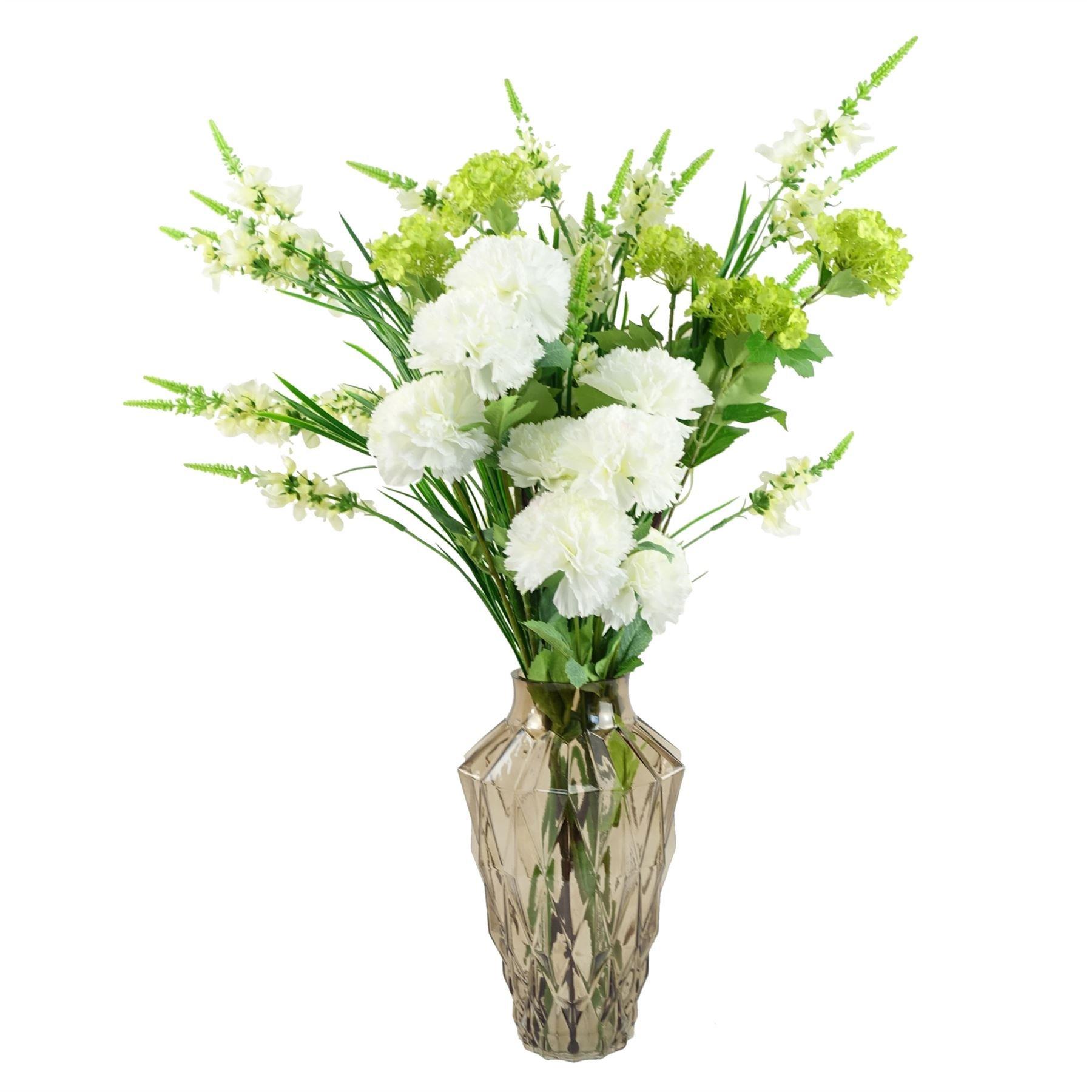 Leaf 80cm White Artificial Carnation and Larkspur in Glass Vase
