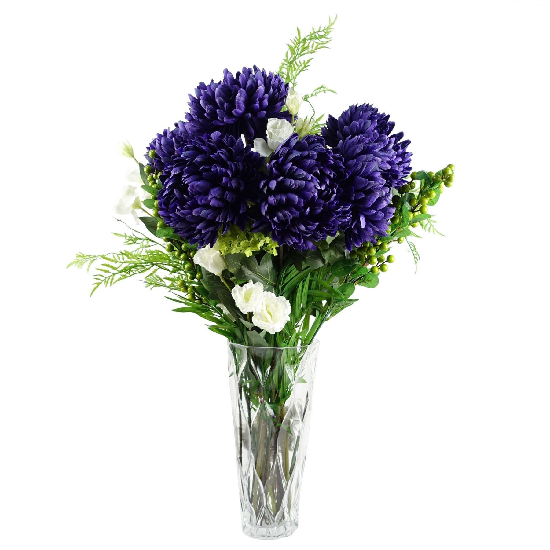 Leaf 90cm Purple Chrysanthemum and Ferns Glass Vase