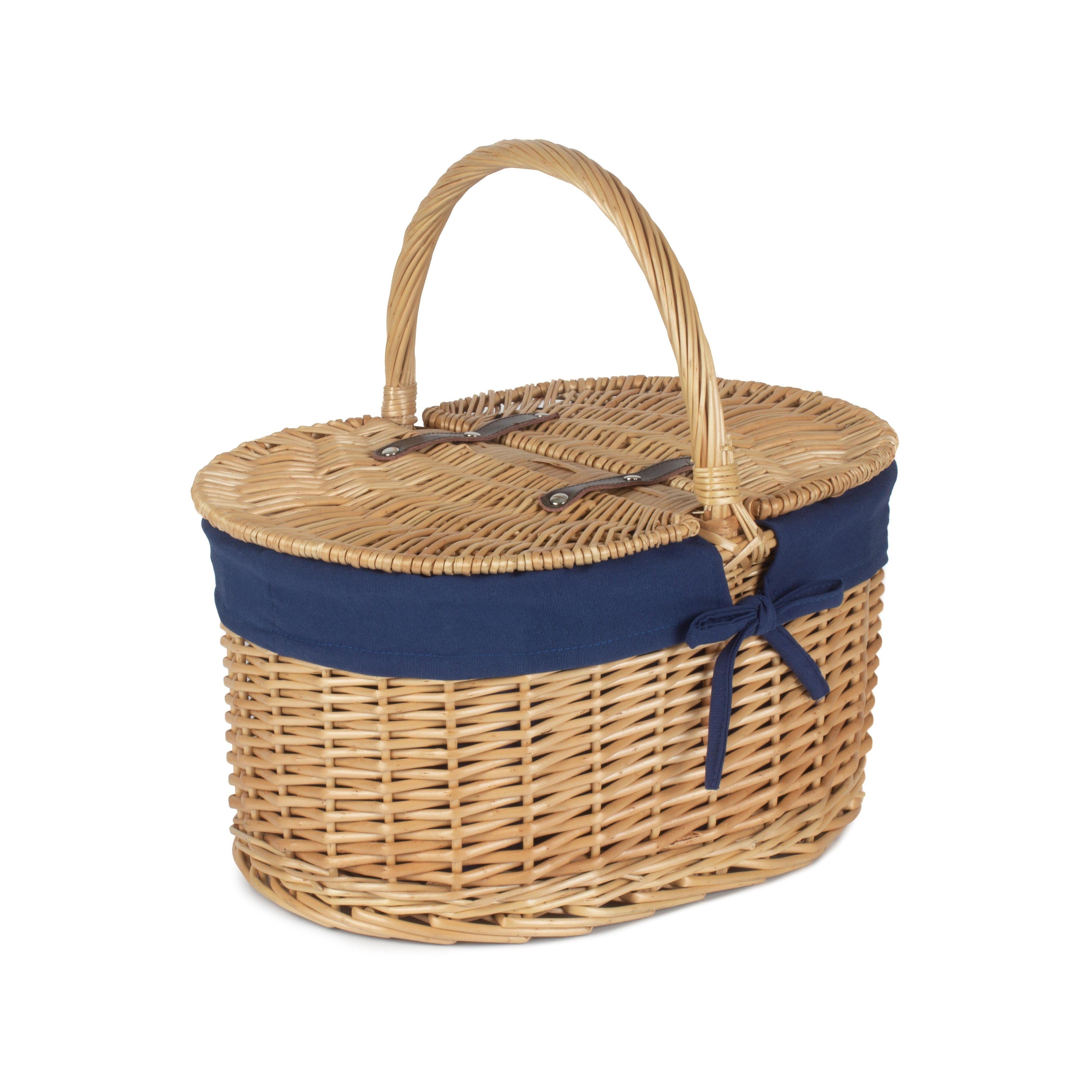 Wicker Oval Lidded Picnic Shopping Basket With Navy Blue Lining