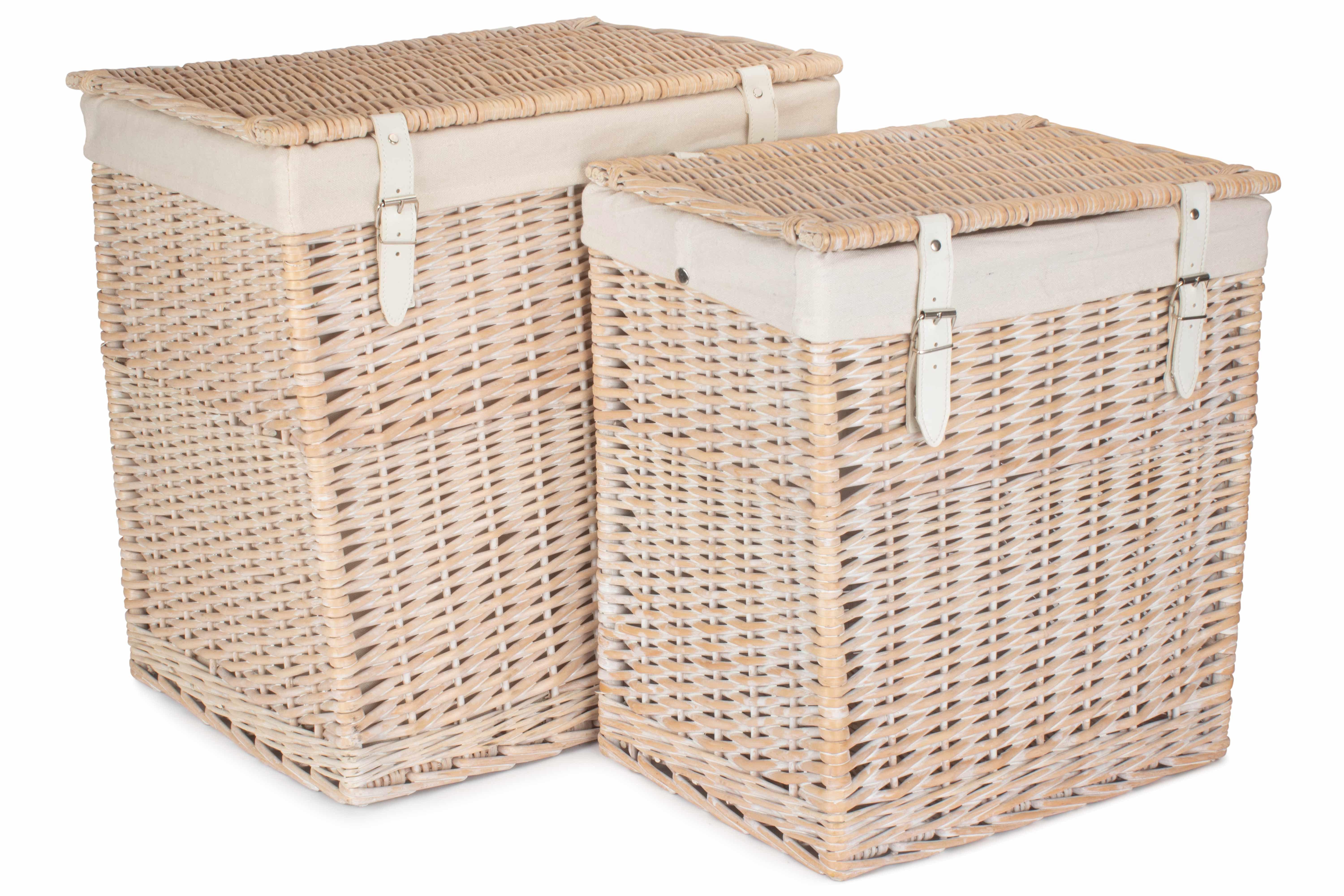 Set of 2 Cotton Lined Boutique White Wash Laundry Baskets