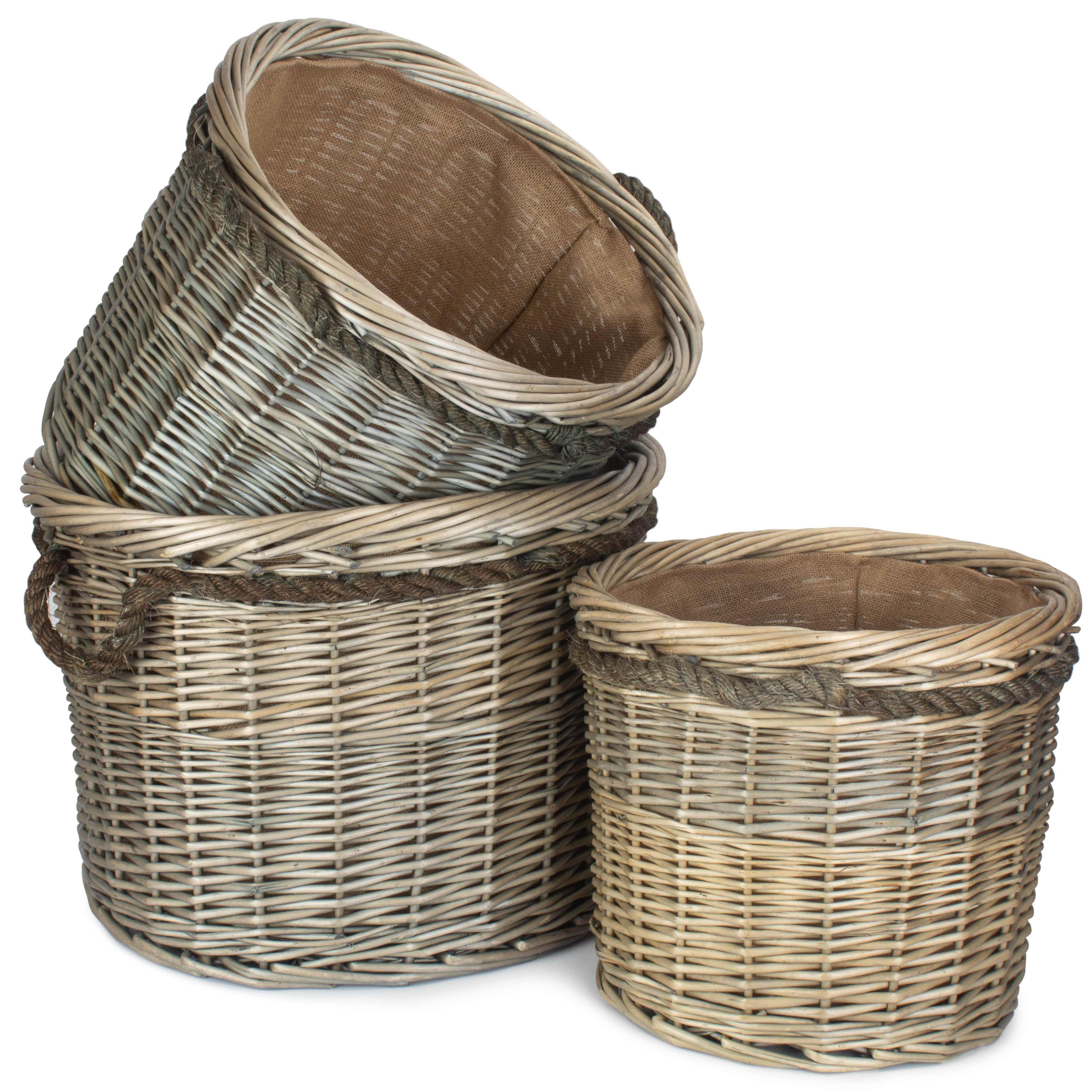 Wicker Set of 3 Antique Wash Round Rope Handled Wicker Log Basket